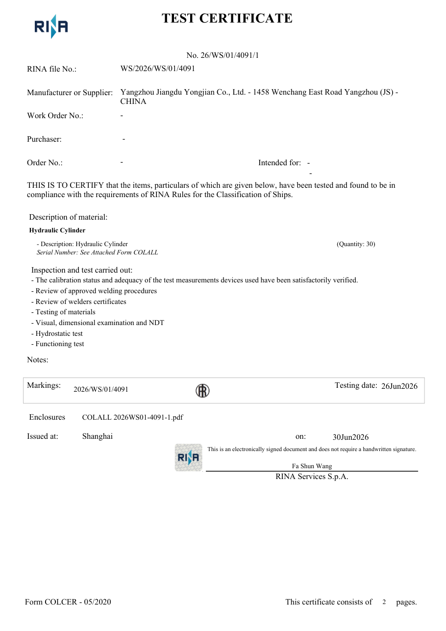 RINA Test Certificate